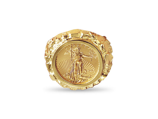 Handmade Solid Gold Nugget Coin Ring , 1/10oz Coin ,
