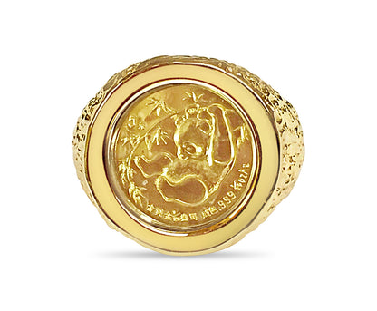 Handmade Solid Gold Nugget Coin Ring , Chinese Panda Bear Coin ,