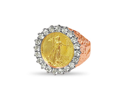 Handmade Solid Gold Diamond Nugget Coin Ring , 1/10oz Coin ,