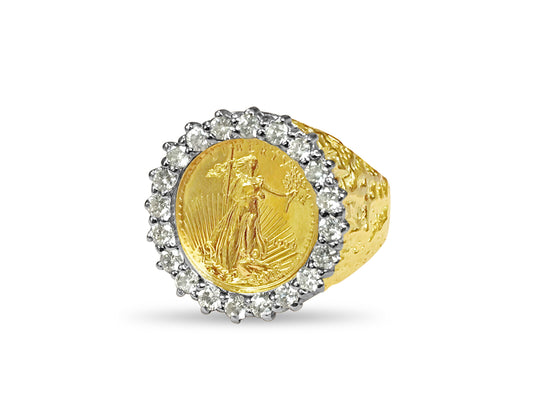 Handmade Solid Gold Diamond Nugget Coin Ring , 1/10oz Coin ,