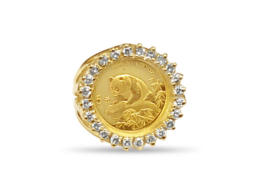 Handmade Solid Gold Diamond Fancy Ladies Coin Ring , Chinese Panda Bear Coin ,