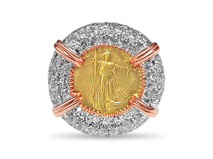 Handmade Solid Gold Diamond Fancy Coin Ring , 1/10oz Coin ,