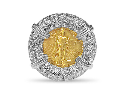 Handmade Solid Gold Diamond Fancy Coin Ring , 1/10oz Coin ,