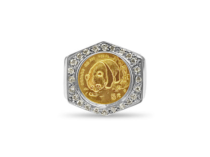 Handmade Solid Gold Diamond Fancy Coin Ring , Chinese Panda Bear Coin ,