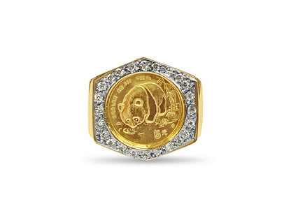 Handmade Solid Gold Diamond Fancy Coin Ring , Chinese Panda Bear Coin ,