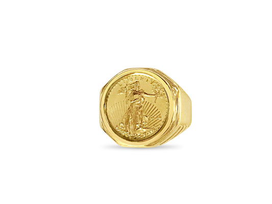 Handmade Solid Gold Fancy Coin Ring , 1/10oz Coin ,