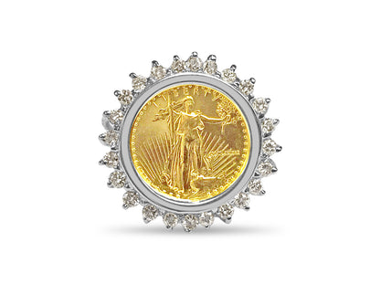 Handmade Solid Gold Diamond Fancy Coin Ring , 1/10oz Coin ,