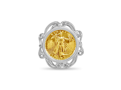 Handmade Solid Gold Fancy Ladies Coin Ring , 1/10oz Coin ,