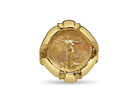 Handmade Solid Gold Fancy Coin Ring , 1/10oz Coin ,