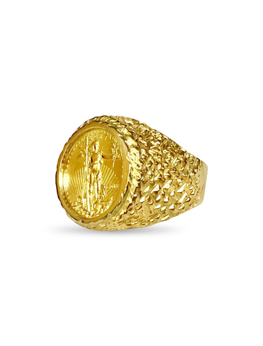 Handmade Solid Gold Nugget Coin Ring , 1/10oz Coin ,