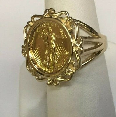 Handmade Solid Gold Fancy Coin Ring , 1/10oz Coin ,
