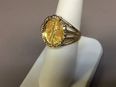 Handmade Solid Gold Fancy Ladies Coin Ring , 1/10oz Coin ,