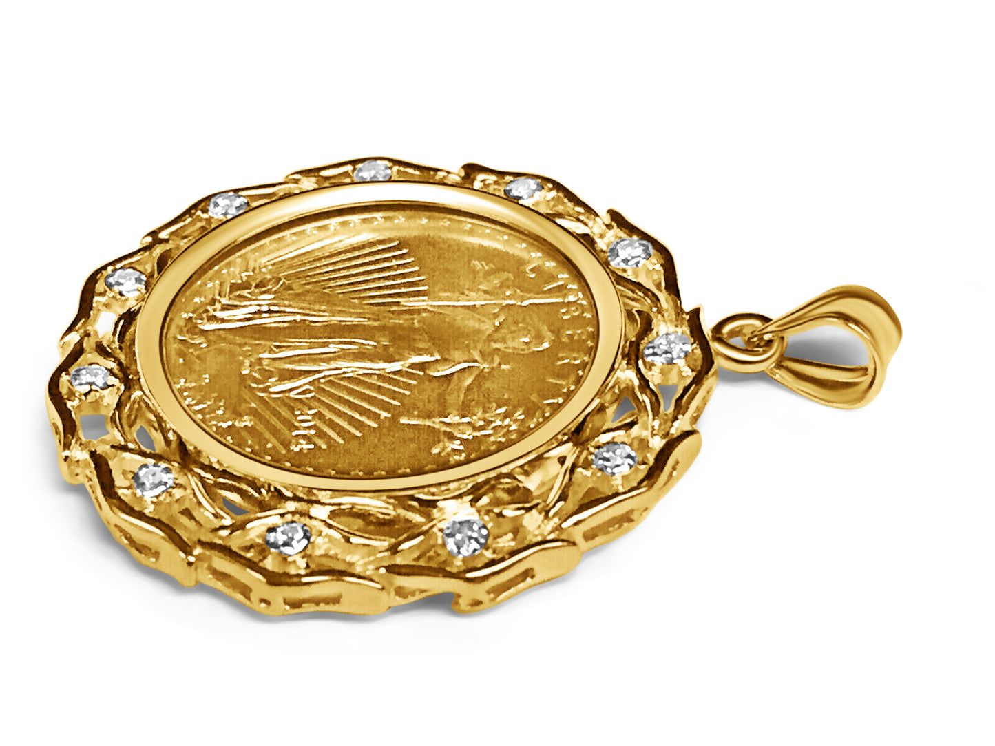 Handmade Solid Gold Diamond Fancy Coin Pendant , 1/4oz Coin ,