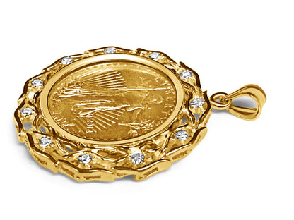 Handmade Solid Gold Diamond Fancy Coin Pendant , 1/4oz Coin ,