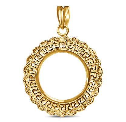 Handmade Solid Gold Greek Key Rope Frame Coin Pendant , 1/4oz Coin , 32.5x45mm