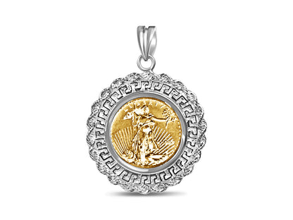 Handmade Solid Gold Greek Key Rope Frame Coin Pendant , 1/4oz Coin , 32.5x45mm