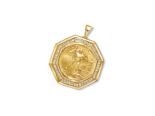 Handmade Solid Gold Diamond Fancy Coin Pendant , 1oz Coin ,