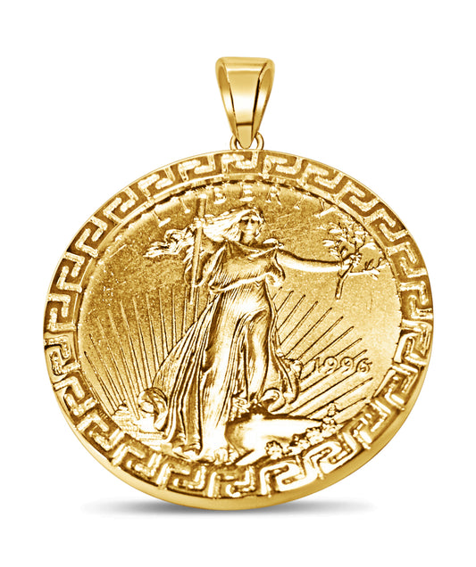 Handmade Solid Gold Greek Key Frame Coin Pendant , 1oz Coin , 32mm