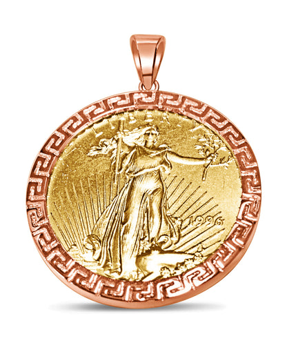 Handmade Solid Gold Greek Key Frame Coin Pendant , 1oz Coin , 32mm