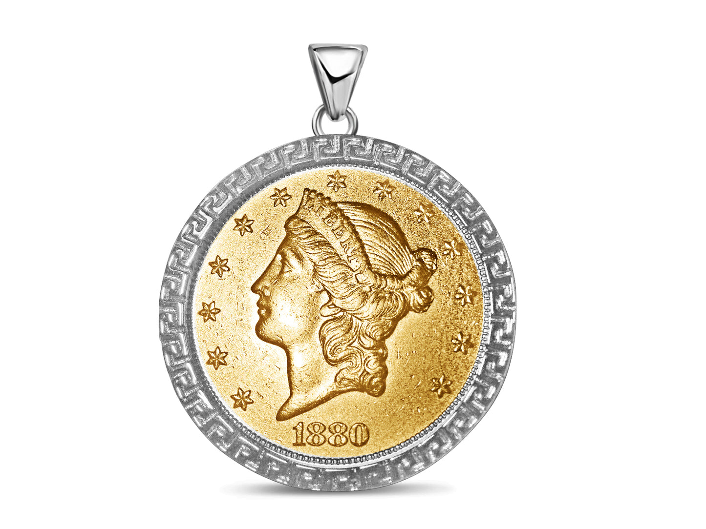 Handmade Solid Gold Greek Key Frame Coin Pendant , 1oz Coin , 27mm
