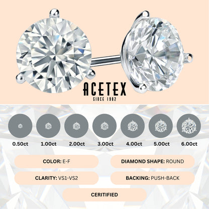 AceTex Round Brilliant Lab-Grown Diamond Earrings, 3-Prong in 14K Gold